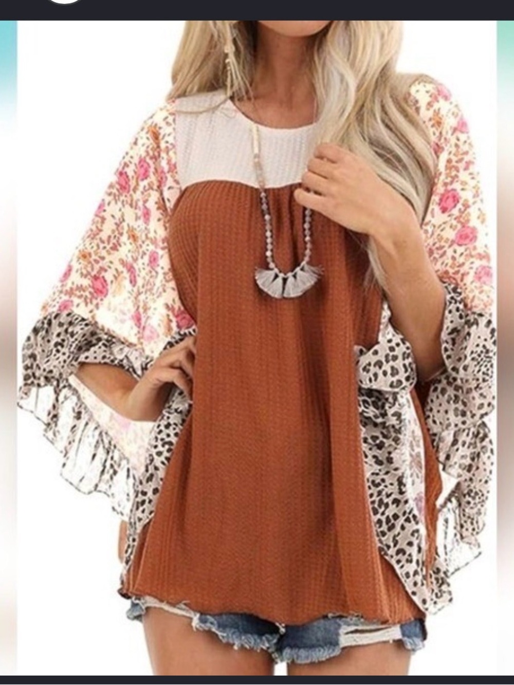 Umgee Rust Waffle Knit Floral & Leopard Mixed Print Blouse